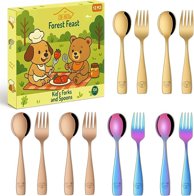 DEHOV Colorful Toddler Eating Utensils Set,Set Of 12 Food Grade Stainless Steel Silverware Sets For Kids,Dishwasher Safe Children Small Metal Spoons And Forks Flatware Sets