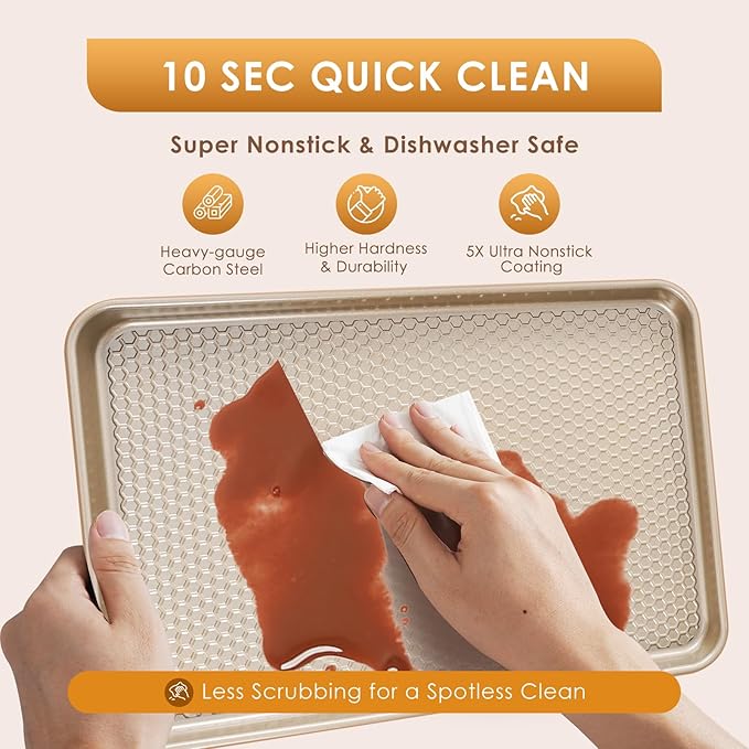 Baking Sheet Pan Set of 3, Nonstick Carbon Steel Cookie Sheets with Texture, Commercial Half/Quarter/Jelly Roll Pans Replacement Toaster Oven Tray, Heavy Duty & Easy Clean, Champagne Gold