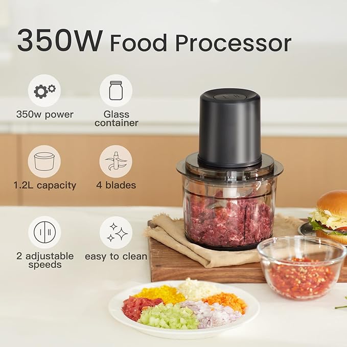 olayks Food Processor, Electric Meat Grinder with 4 Stainless Steel Blades, 1.2L Food Chopper Small Grinder Meat Processor with 2 Speeds for Vegetable, Fruits, Baby Food, Meat, Garlic, 5 Cups