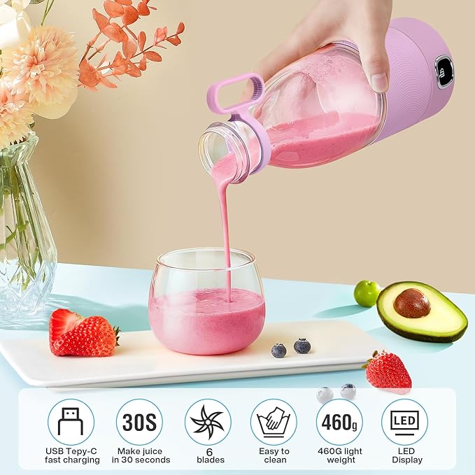 MIAOKE Portable Blender, 6 Blades Juicer Cup for Juice Shakes and Smoothies 350ml Mini Blender with Led Display Usb Rechargeable,3000Mah Rechargeable Battery, for Home Outdoors Travel-Lceberry Pink