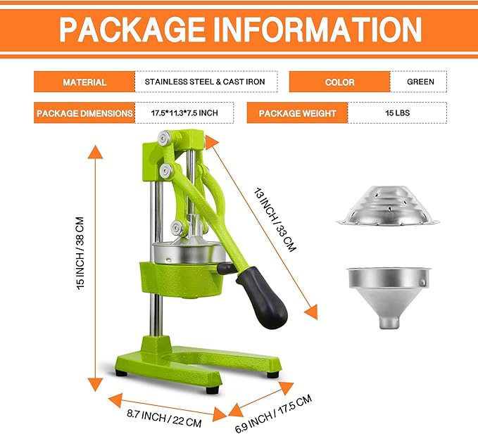 Commercial Heavy Duty Cast Iron Hand Press Manual Orange Citrus Lemon Lime Grapefruit Pomegranate Fruit Juice Squeezer Machine with Stainless Steel Cup Green