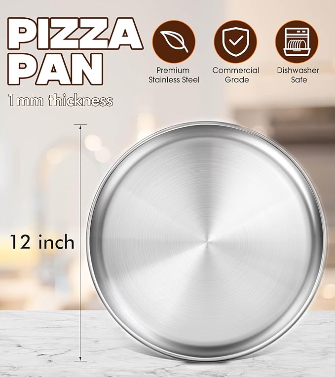 12 Inch Stainless Steel Pizza Pan Set of 2, Pizza Pan for Oven, Steel Pizza Tray for Baking Cookie Pie Cake, Round Stainless Steel Pizza Plate Pizza Baking Sheet, Easy Clean & Dishwasher Safe
