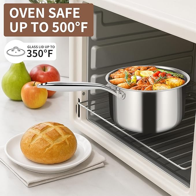 EWFEN 3 Ply Stainless Steel Saucepan with Lid, 3 Quart Multipurpose Cooking Pot, Stay-Cool Handle, Induction Oven Dishwasher Safe, 3 QT