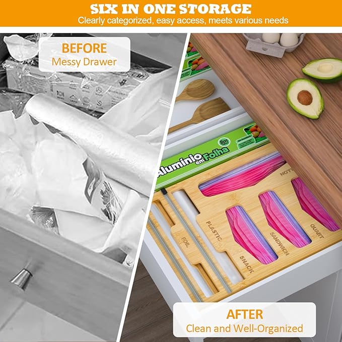 DALSHABET Bamboo Bag Organizer with Magnetic Closure, 6 In 1 Kitchen Drawer Foil and Plastic Wrap Dispenser with Cutter, Storage bag for Gallon, Quart, Sandwich, Snack Beige