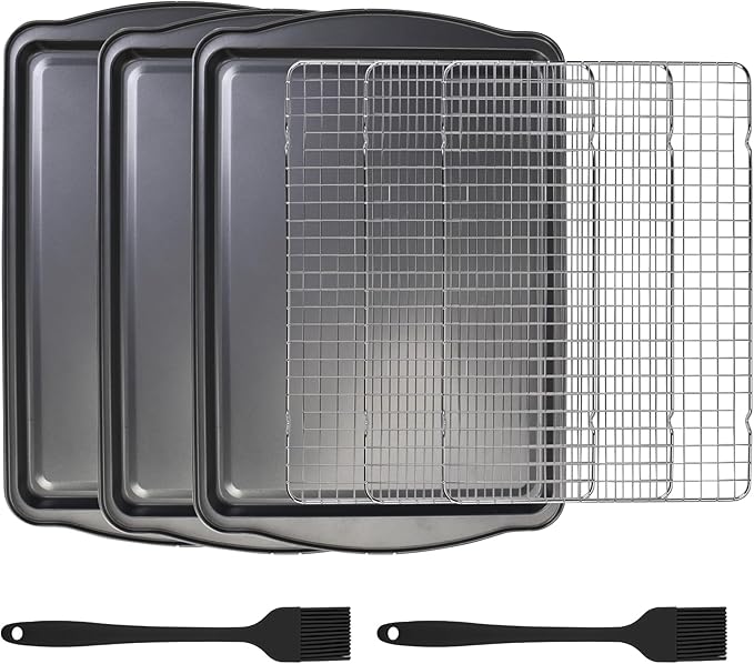 ShineMe Baking Sheet Pan with Cooling Rack 3 Pack, Nonstick Sheet Pan with Wire Rack and Silicone Pastry Brush, Carbon Steel Baking Pans for Cookie, Bacon and Vegetables 17x12x0.5in