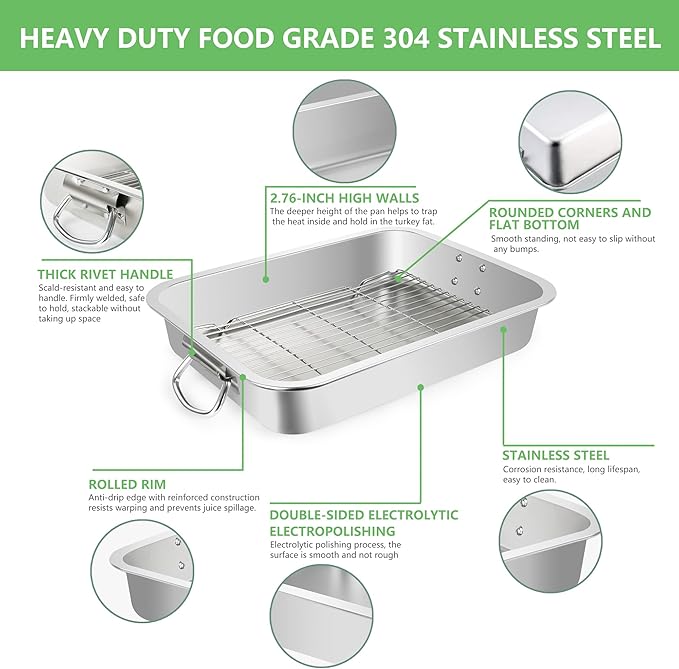 Stainless Steel Turkey Roasting Pan,Heavy Duty Nonstick Surface Roaster Pan Christmas Rectangular Lasagna Cake Baking Pans with Rack,Meat Claws, Turkey Fork,Silicone Brush,Tender Meat Needle