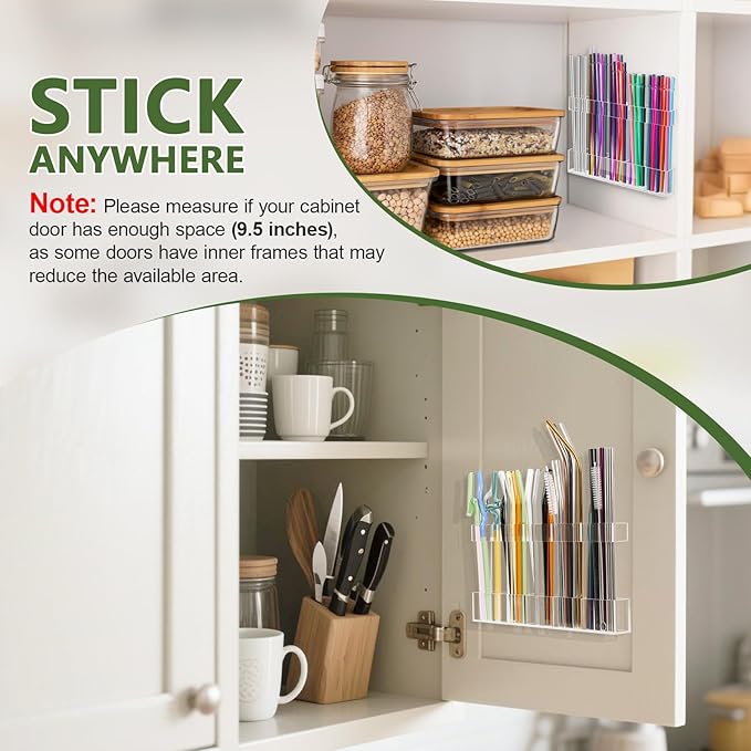Acrylic Straw Holder for Cabinet Door - Reusable Tumbler Straw Organizer Storage, Small Kitchen Accessories Container, Ultra Sticky Cupboard Door Mounted (Transparent, Large 9.5" (Most Cabinets))