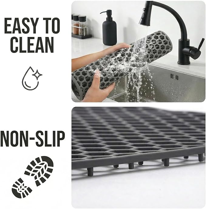 Sink Protectors for Kitchen Sink - 28.34" x 15.74" Silicone Sink Mat - Can DIY Drain Holes - Non-slip Heat Resistant Liner for Bottom of Farmhouse Porcelain Stainless Steel（Grey）
