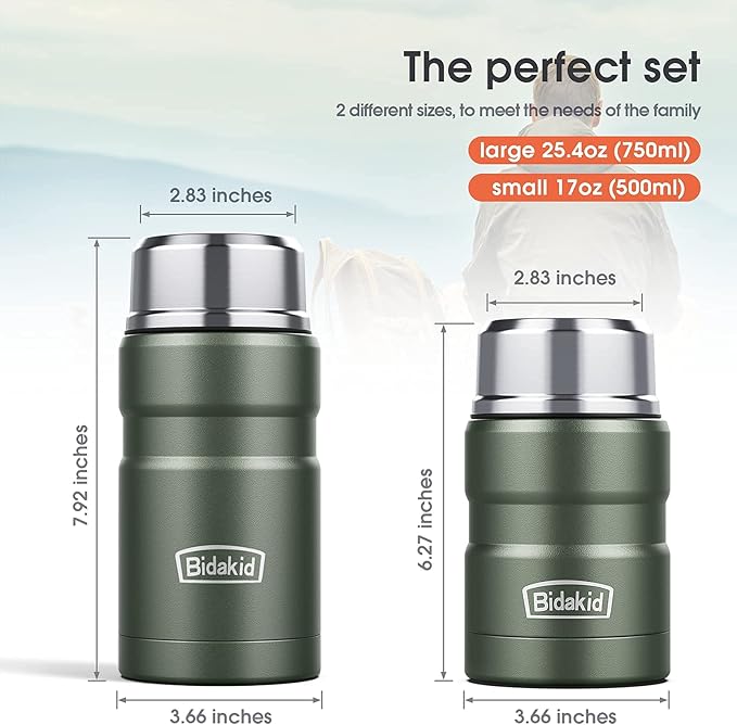 Insulated Food Jar Set – 25.4oz & 17oz Stainless Steel Containers with Folding Spoon and Carrying Bags – Leak-Proof, Keeps Food Hot or Cold for up to 12 Hours – Ideal for Work, School, Travel