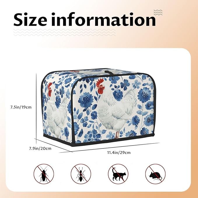 White Rooster On Blue Toaster Cover 2 Slice, Cute Rural Bread Machine Cover, Washable Dust-Proof Cover for Kitchen Small Appliance Cover,with Top Handle
