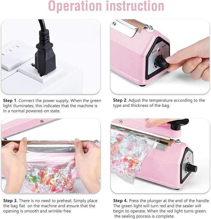 METRONIC Impulse Sealer 8 inch, Manual Heat Sealer Machine for Plastic Bags, Shrink Wrap Bag Sealers Heavy Duty Sealing Machine with Repair Kit (Pink)