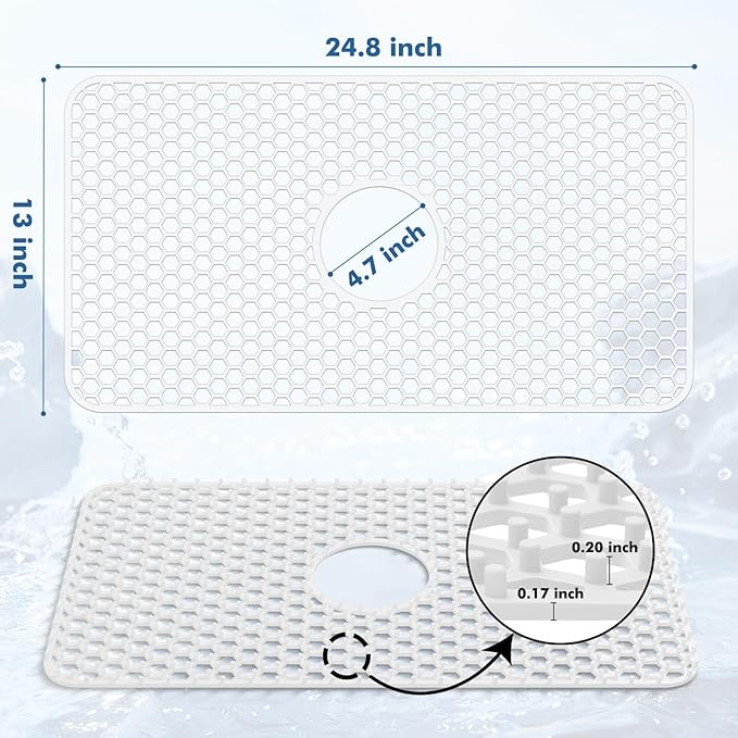 Bestjing Silicone Sink Protectors for Kitchen Sink with Center Drain - 24.8"x 13" Kitchen Protector Accessory, Non-Slip Heat Resistan Mat for Bottom of Farmhouse Stainless Steel Porcelain (White)
