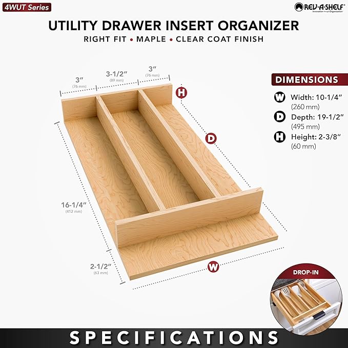Rev-A-Shelf Natural Maple Right Size Utensil Insert Home Storage Kitchen Organizer 4 Compartment Drawer Accessory, 10-1/4" x 19-1/2", 4WUT-15SH-1