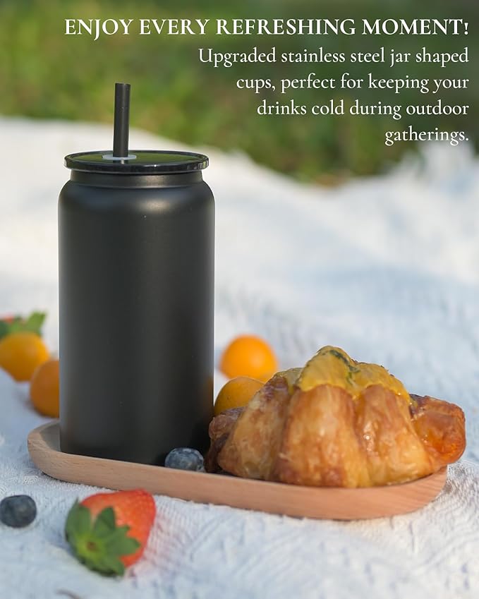 Glass Cups With Lids and Straws, 16oz Stainless Steel Beer and Iced Coffee Cup, Smoothie Drinking Glass, Black (Textured Matte Finish, Not Sublimatable)