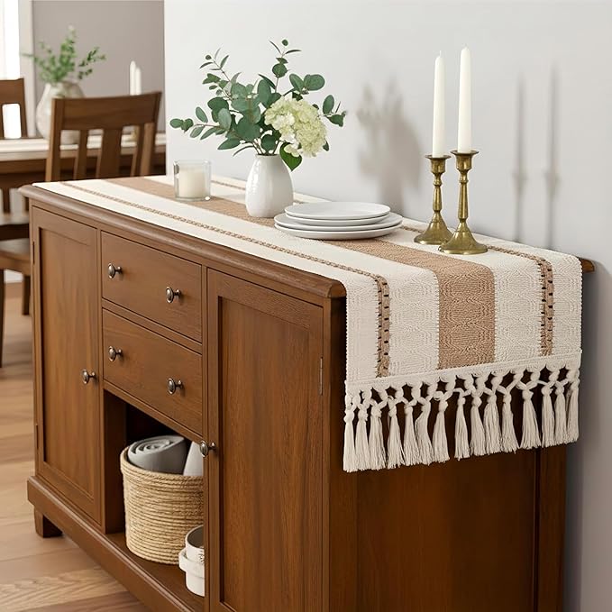 FEXIA Boho Table Runner for Hoilday Spring Home Decor with Tassels Pottery barn Furniture Farmhouse Rustic Macrame Burlap Table Decoration for Living Room (12x36 Inches)