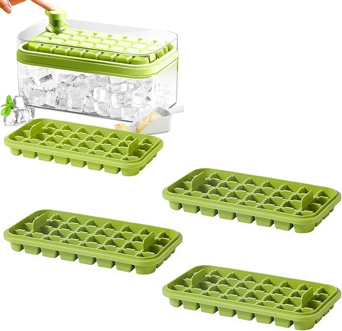Ice Cube Trays with Lid and Bin, 4 Trays-Green