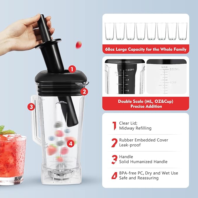 Heavy Duty Household Grade Smoothie Juicer,Adjustable Speed Countertop Smoothie Mixer,Low Noise Self-cleaning Blender 24000-26000rpm 2L/68oz (Black)