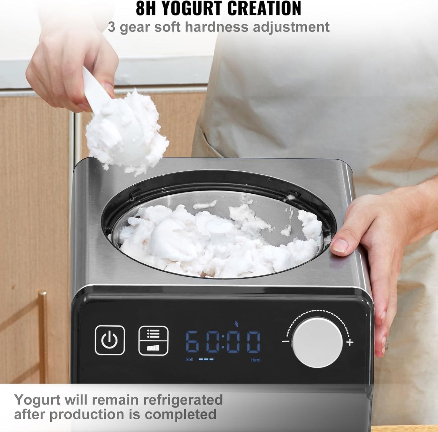 VEVOR Upright Automatic Ice Cream Maker with Built-in Compressor, 2 Quart No Pre-freezing Fruit Yogurt Machine, Stainless Steel Electric Sorbet Maker, 4 Modes Gelato Maker with Digital Display & Timer