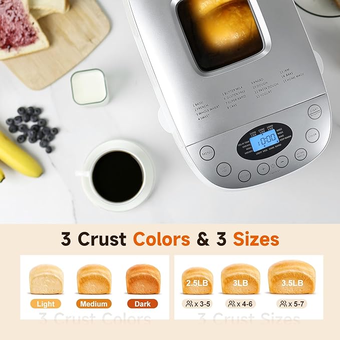 Davivy Bread Maker Machine with 2 Dough Kneading Paddles,15-in-1 Automatic Large Capacity Bread Machine Nonstick Bowl For Bread, Jam& Yogurt, 3 Loaf Sizes and 3 Crust Settings
