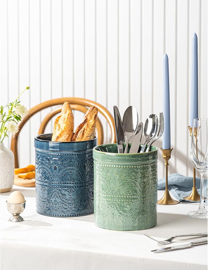 Kitchen Utensil Holder, 7 Inches Large Ceramic Utensil Holder for Countertop, Lace Emboss Cooking Utensil Crocks for Kitchen, Home Decor, Reactive Blue