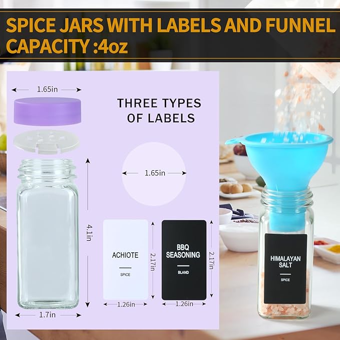 24 Glass Spice Jars with Labels, Spice Jar Set, 4oz Spice Containers, Seasoning Containers with Purple Airtight Lids and Shaker Lids, Square Empty Spice Bottles, 492 Labels, 1 Funnel
