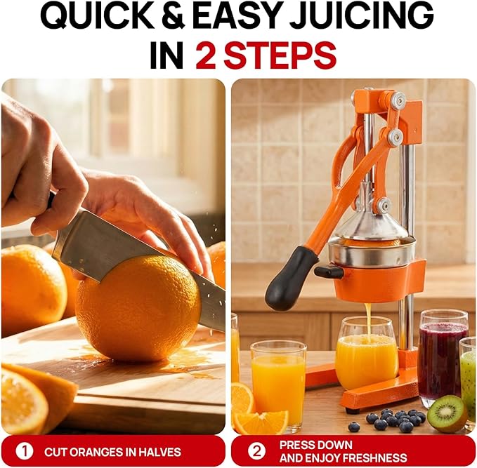 Kitchen Cast Iron Citrus Juicer,Manual Hand Press Orange Juicer,Heavy Duty Countertop Squeezer for Lemon,Orange, Easy to Use & Clean（Orange)