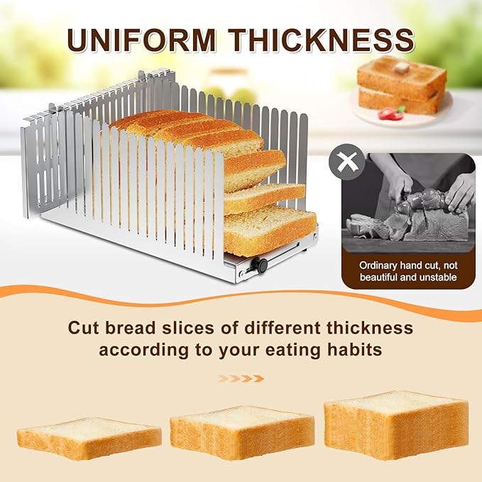 Stainless steel Bread Slicer for Homemade Bread,Adjustable Width,Foldable Compact,Bread Slicing Guide,Bread Loaf Slicer,for Cakes,Bagels,slice is 0.5",Bread width: 5.5"-8.3" (Mirror Silver)