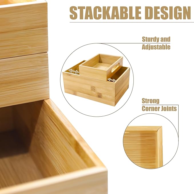 HOMESTEAD 3-Piece Stackable Bamboo Storage Box, Office Desk Organizer, Wooden Boxes for Makeup Drawer Organizer Bathroom, Office Supplies, Kitchen Utensils, Bamboo Storage Containers, Jewelry Tray