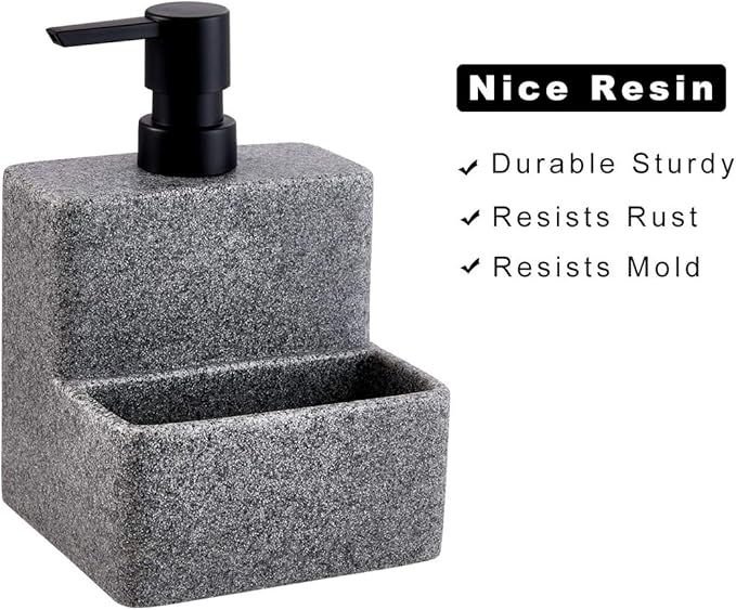 zccz Soap Dispenser with Sponge Holder, Liquid Hand and Dish Soap Dispenser Pump Bottle and Sponge Holder 2 in 1 for Kitchen Sink Bathroom Counter Storage and Organization Black Marble Look