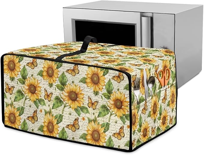 Countertop Convection Oven Cover Dust-Proof Toaster Oven Cover with Accessories Pockets, Countertop Convection Oven Protector, L, Sunflower Butterfly Retro Letter Print