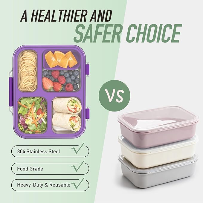 Stainless Steel Bento Box for Kids with Silicone Container, 4 Compartment Metal Lunch Box Kids Adults, Removable Silicone Seal & Clear Lid, Leak Proof Food Storage Container for Meal (Purple)