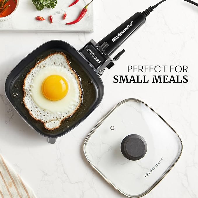 Elite Gourmet EFS059 Personal Electric Skillet, 7” Compact Portable Cooker, Adjustable Temperature, 600W Rapid Heating, Nonstick Surface, Tempered Glass Lid, Removable Handle, Black