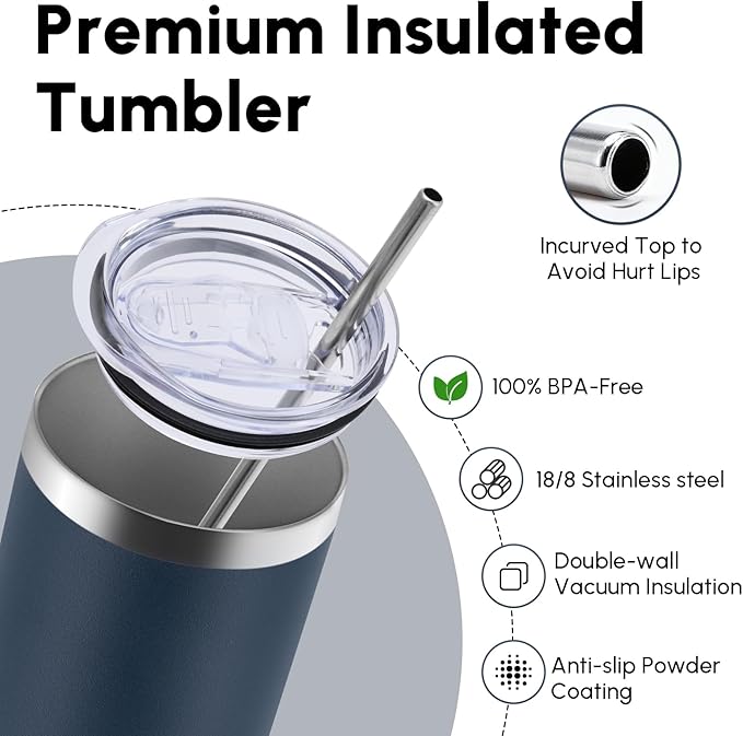 Volhoply 20 oz Skinny Tumbler with Lid and Straw, Stainless Steel Straight Tumblers Cup, Vacuum Insulated Coffee Mug for Home, Office, Travel, DIY (Navy,1 Pack)