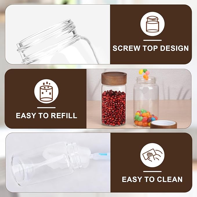 Coffee Jars Set of 2, Empty 9oz 270ml Glass Storage Jars with Airtight Wood Lids, Screw Top Kitchen Glass Container, Sugar Canister for Spice, Snacks, Loose Tea, Candy, Oats, Beans, Seasoning
