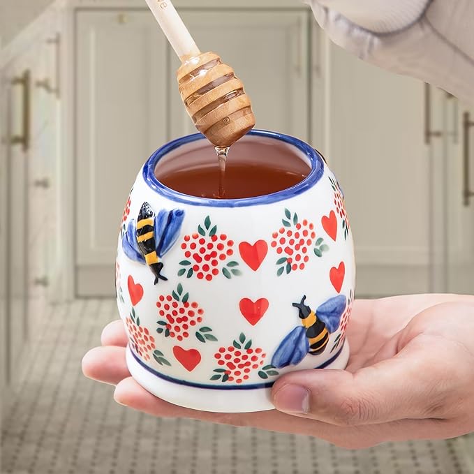 ZOOBEE Ceramic Honey Pot with Dipper and Lid, 10oz Microwave-safe Honey Container, Lead-Free Honey Dispenser for Kitchen-Crazy Love