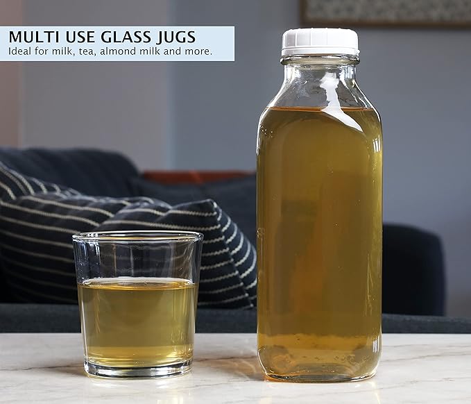 The Dairy Shoppe Glass Milk Bottle, Heavy Glass with Extra Lid, Creamery Style (1, Liter)