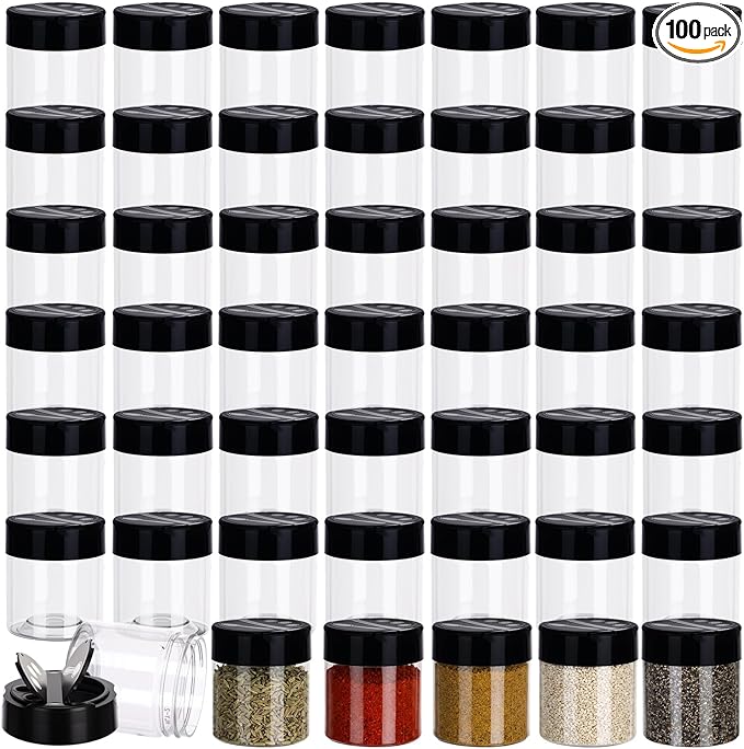 100 Pack 4 oz Spice Jars Plastic Clear Empty Bottles with Shaker Lids Bulk Reusable Seasoning Containers for Herbs Spices Powders Glitter