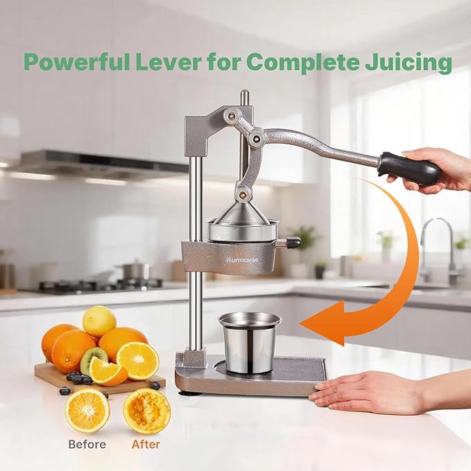 Cast Iron Juicer, 17"Tall & Sturdy Flat Base | Heavy-Duty Manual Hand Press Juicer For Orange Lemon Lime Pomegranate & Citrus, Orange Squeezer, Stainless Steel Cup, Easy to Clean, Silver Gray