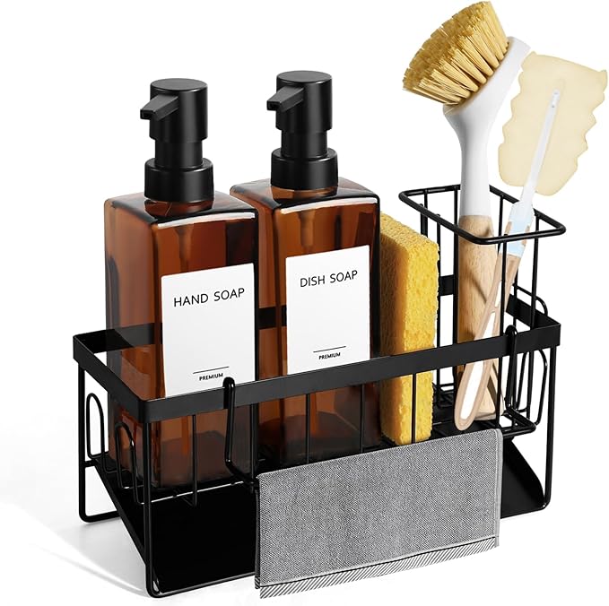 GMISUN Dish Soap Dispenser, 12 Fl oz / 350 ml Dual Soap Dispenser with Sponge Holder, Customized Amber Glass Kitchen Soap Dispensers Set, Modern Hand and Dish Soap Dispensers Set Removable