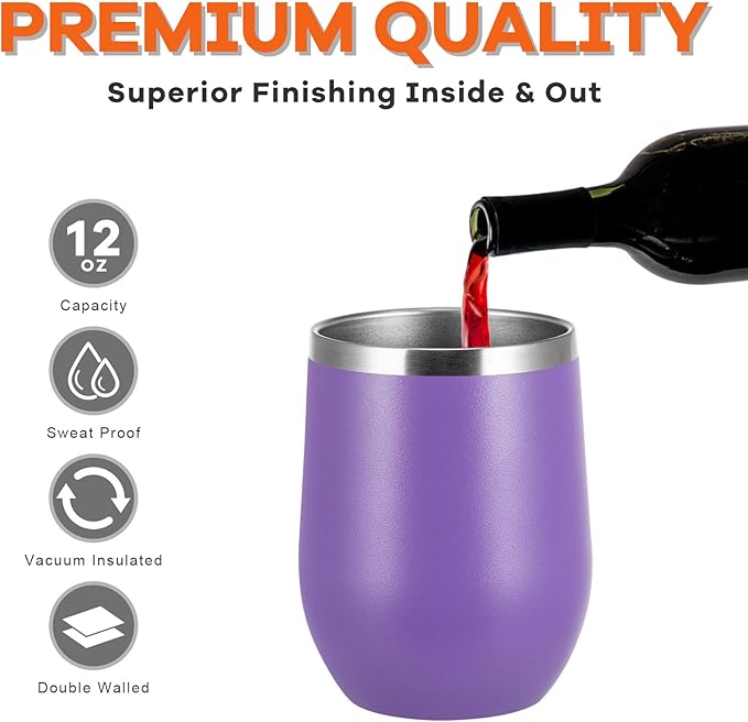 COMOOO Stainless Steel Wine Tumbler 4 Pack with Lid and Straw 12oz Double Wall Vacuum Insulated Travel Tumbler Cup Stemless for Hot and Cold Drinks, Coffee, Wine, Cocktails, Purple