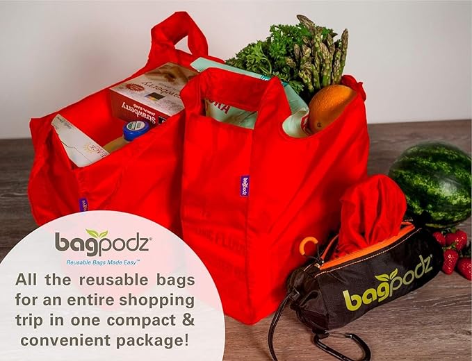 Sturdy Reusable Grocery Bags Foldable and Washable - Made From RipStop Nylon Hold 50lbs - Designed in USA Reusable Shopping Bags Inside a Compact Pod with Carry Clip - 5 Pack in Red