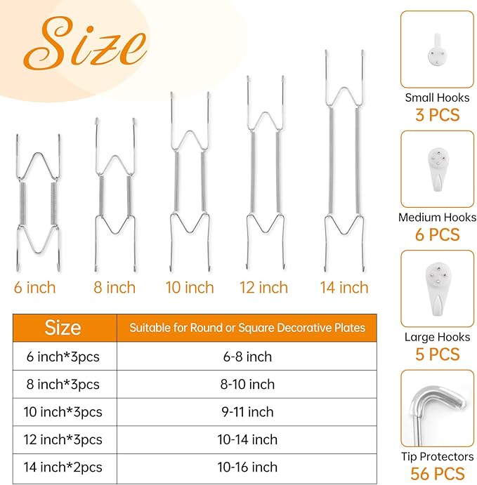 Bilillo 14 Pcs Plate Hangers for Wall - 6/8/10/12/14 Inch Invisible Plates Hanger, Stainless Steel Plate Holders with 14 Pieces Wall Hooks for 5.5 to 15.5 Inch Decorative Plates and Arts (Silver)