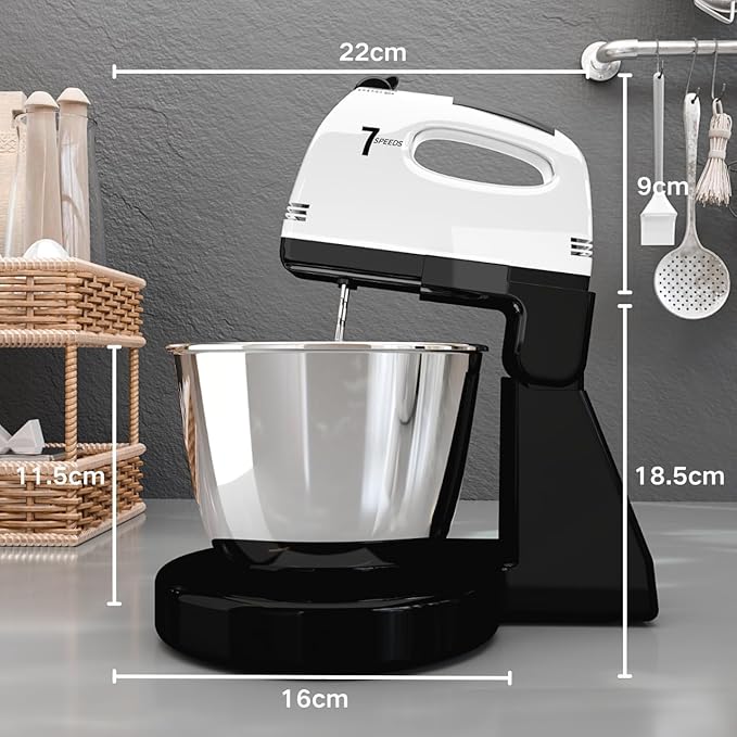 Stand Mixers, 7 Speeds With 3QT Stainless Steel Bowl, Stand and Hand Mixer with Dough Hook, Whisk, Mixing Beater for Baking, Cake, Cookie, Kneading (VL1)