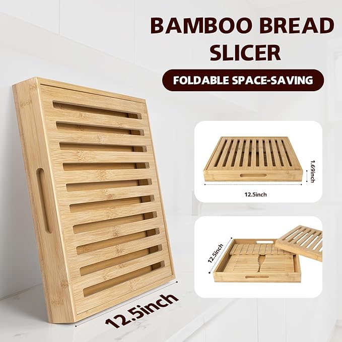 Foldable Bamboo Bread Slicer Tray with Crumb Collector & Adjustable Guide - for Perfectly Even Slices of Homemade, Sourdough & Sandwich Bread (Knife Not Included)