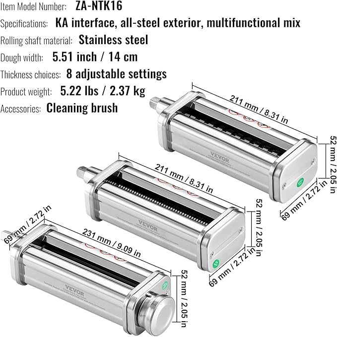 VEVOR Pasta Attachment for KitchenAid Stand Mixer, Stainless Steel Pasta Maker Attachment Includes Pasta Sheet Roller, Spaghetti Cutter, Fettuccine Cutter, 8 Adjustable Thickness Knob Pasta Maker 3Pcs