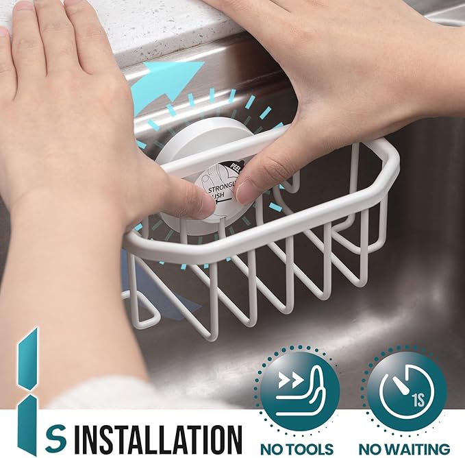TAILI Sponge Holder for Kitchen Sink with Strong Suction Cup, Rustproof Aluminum Sink Caddy for Sponges, Brushes, Stoppers & Scrapers, White
