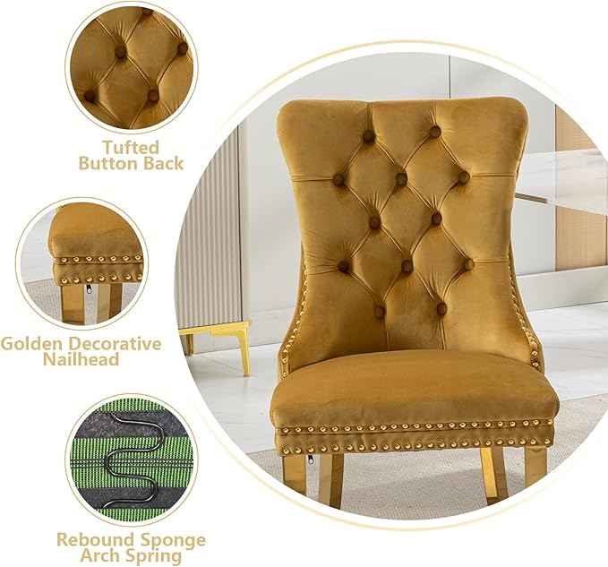 Gold Velvet Dining Chairs Set of 4, Kitchen & Dining Room Chairs, Tufted Upholstered Dining Room Chair, Back Ring Pull Trim, Golden Stainless Steel Legs, Gold