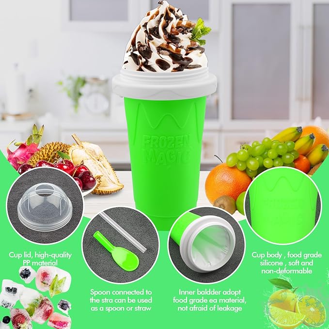 Slushie Maker Cup,DIY Magic Slushy Maker Squeeze Cups,Portable Smoothie Squeeze Cups for Juices,Milk and Ice Cream Make,Double Layer Squeeze Slushy Maker Cup,Birthday Gifts for Mom Dad & Friend(Green）
