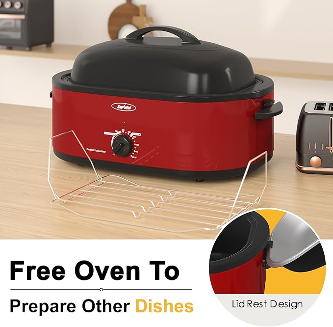 Royalcraft Roaster Oven with Self-Basting Lid, 18qt Electric Roaster with Removable Pan & Rack, Turkey Roaster Oven with Defrost & Warm Function, Stainless Steel, Red
