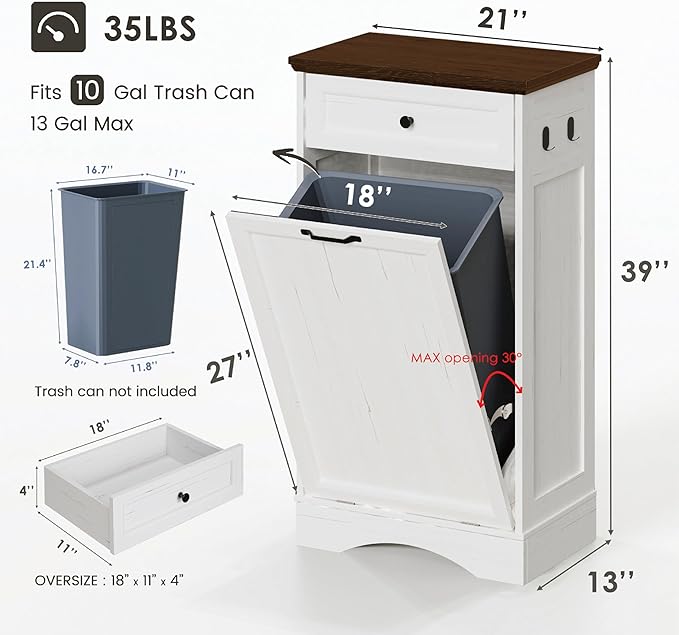 NEWOWNDS Tilt Out Trash Can Cabinet 13 Gallon Hidden Trash Garbage Can Cabinet with Drawer,Waterproof Cutting Board,Pet Proof Hidden Garbage,Laundry Bathroom, White